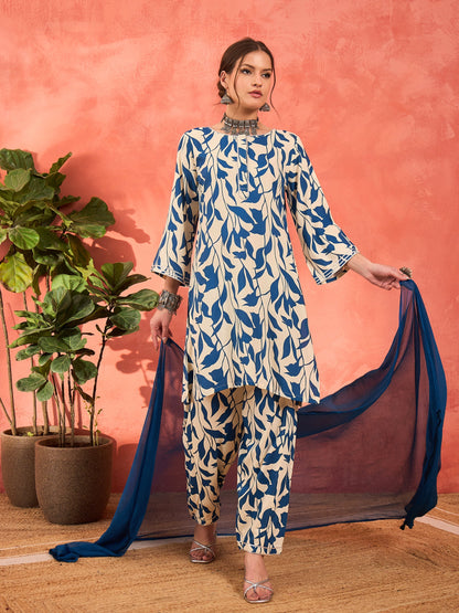 White & Blue Floral Rayon Kurta With Salwar & Dupatta