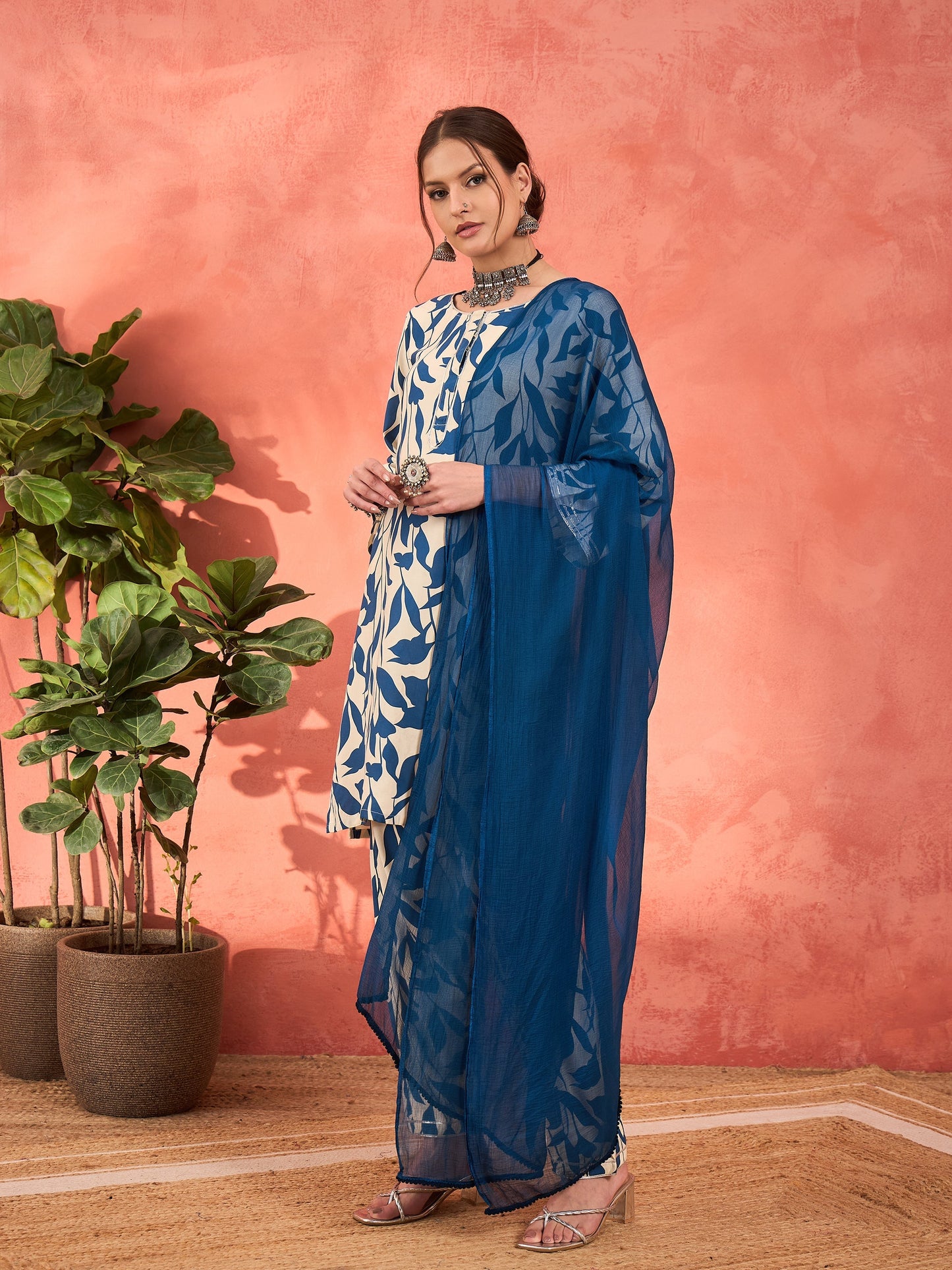 White & Blue Floral Rayon Kurta With Salwar & Dupatta