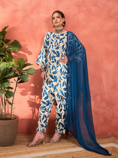 White & Blue Floral Rayon Kurta With Salwar & Dupatta