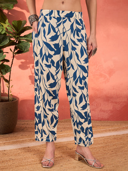 White & Blue Floral Rayon Kurta With Salwar & Dupatta