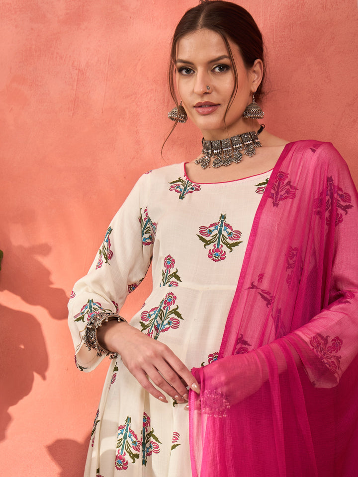 White Floral Rayon Anarkali Kurta With Straight Pants &amp; Dupatta-Shae by SASSAFRAS