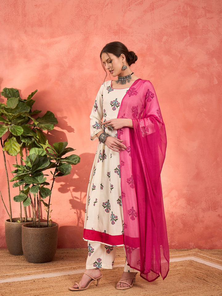 White Floral Rayon Anarkali Kurta With Straight Pants &amp; Dupatta-Shae by SASSAFRAS