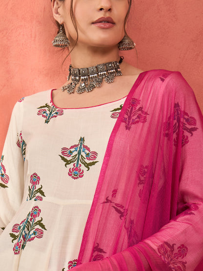 White Floral Rayon Anarkali Kurta With Straight Pants & Dupatta-Shae by SASSAFRAS
