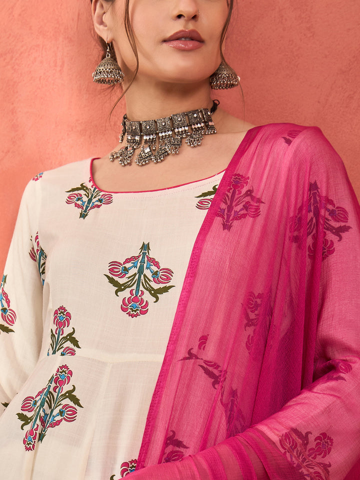 White Floral Rayon Anarkali Kurta With Straight Pants &amp; Dupatta-Shae by SASSAFRAS