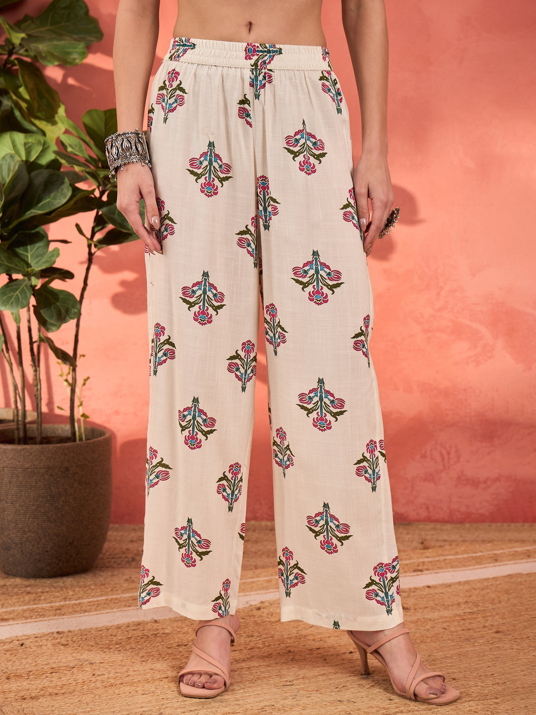 White Floral Rayon Anarkali Kurta With Straight Pants &amp; Dupatta-Shae by SASSAFRAS
