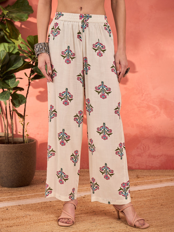 White Floral Rayon Anarkali Kurta With Straight Pants &amp; Dupatta-Shae by SASSAFRAS
