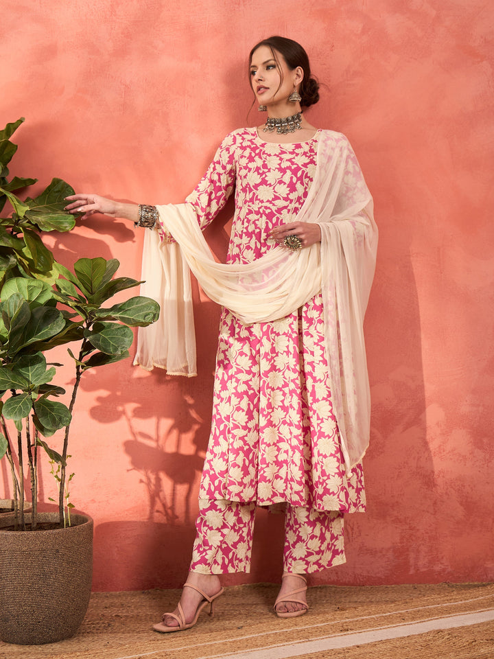 Pink Floral Rayon Anarkali Kurta With Straight Pants &amp; Dupatta-Shae by SASSAFRAS
