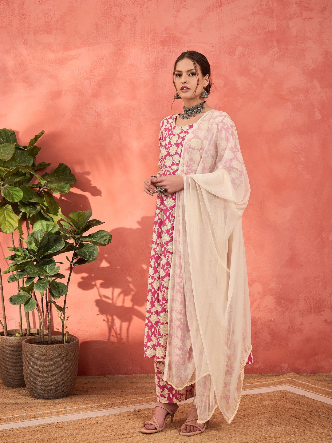 Pink Floral Rayon Anarkali Kurta With Straight Pants &amp; Dupatta-Shae by SASSAFRAS