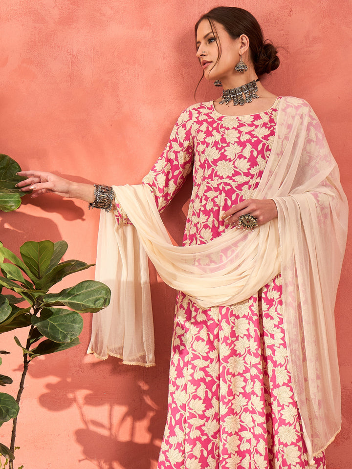 Pink Floral Rayon Anarkali Kurta With Straight Pants &amp; Dupatta-Shae by SASSAFRAS