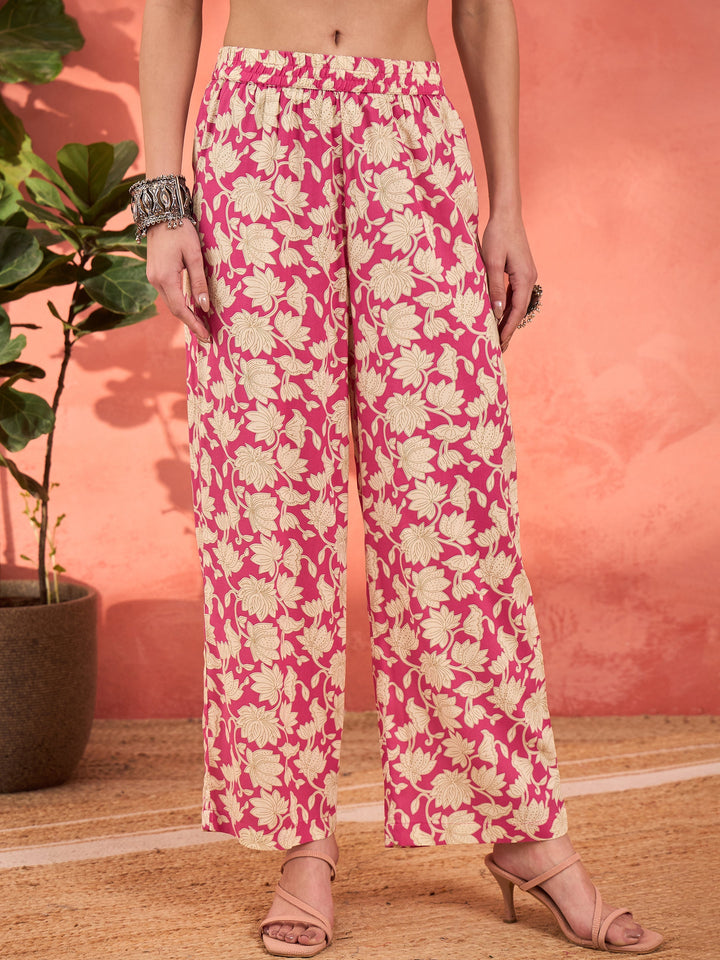 Pink Floral Rayon Anarkali Kurta With Straight Pants &amp; Dupatta-Shae by SASSAFRAS