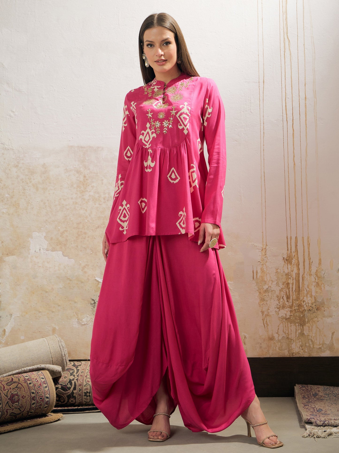 Women Pink Motif Embroidered Rayon Peplum Top With Solid Dhoti Skirt