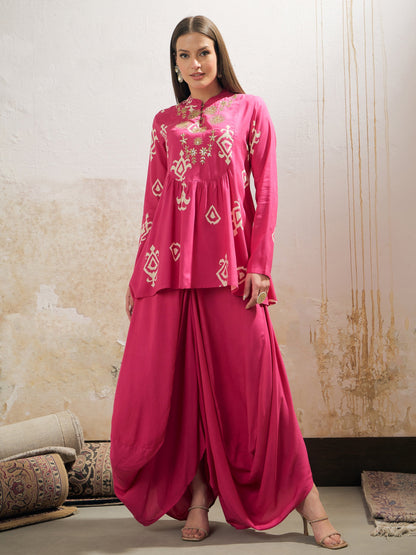 Women Pink Motif Embroidered Rayon Peplum Top With Solid Dhoti Skirt