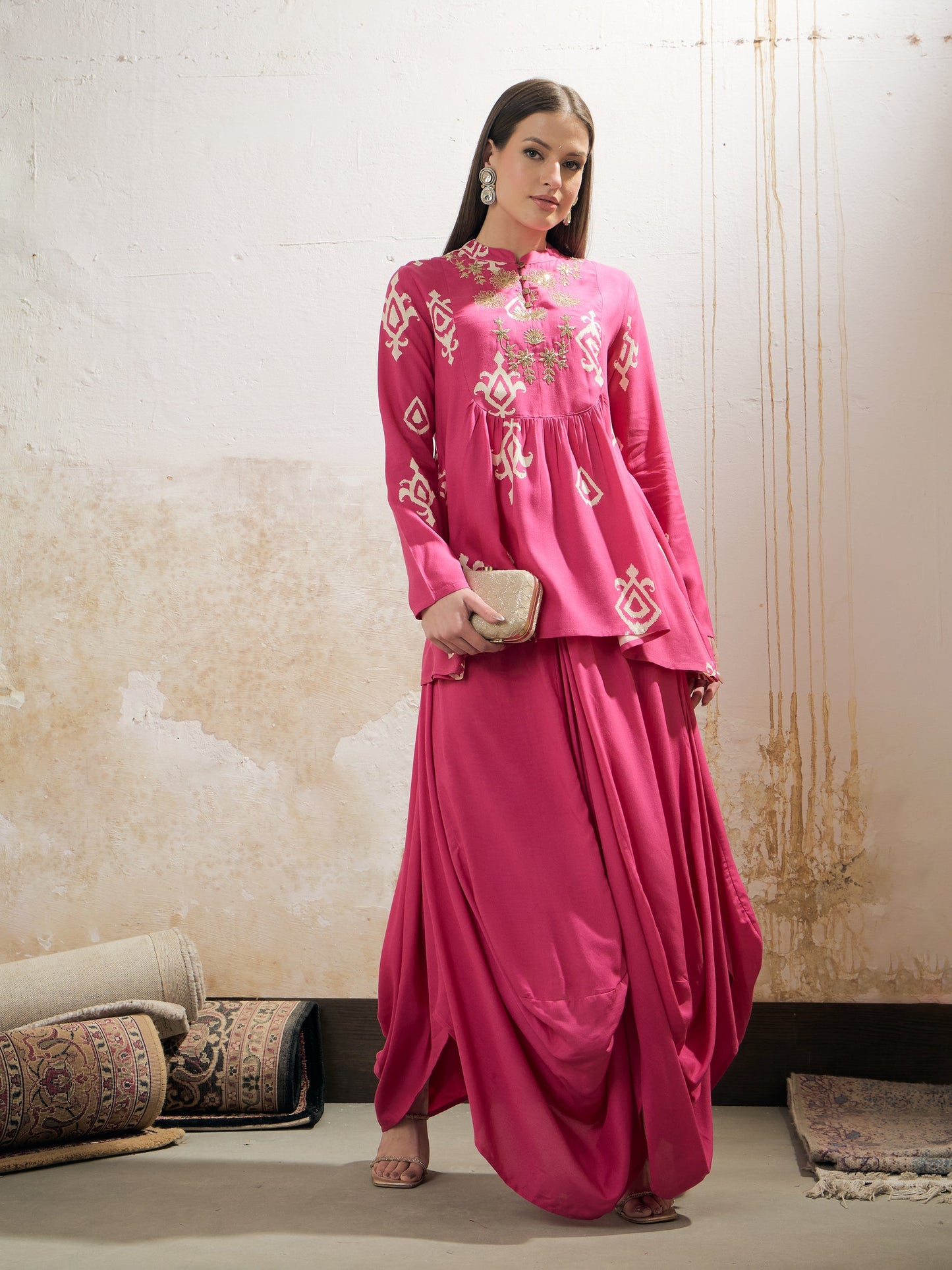 Women Pink Motif Embroidered Rayon Peplum Top With Solid Dhoti Skirt