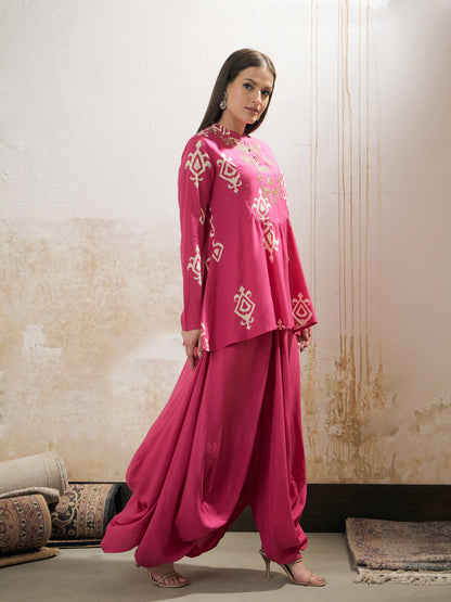 Women Pink Motif Embroidered Rayon Peplum Top With Solid Dhoti Skirt
