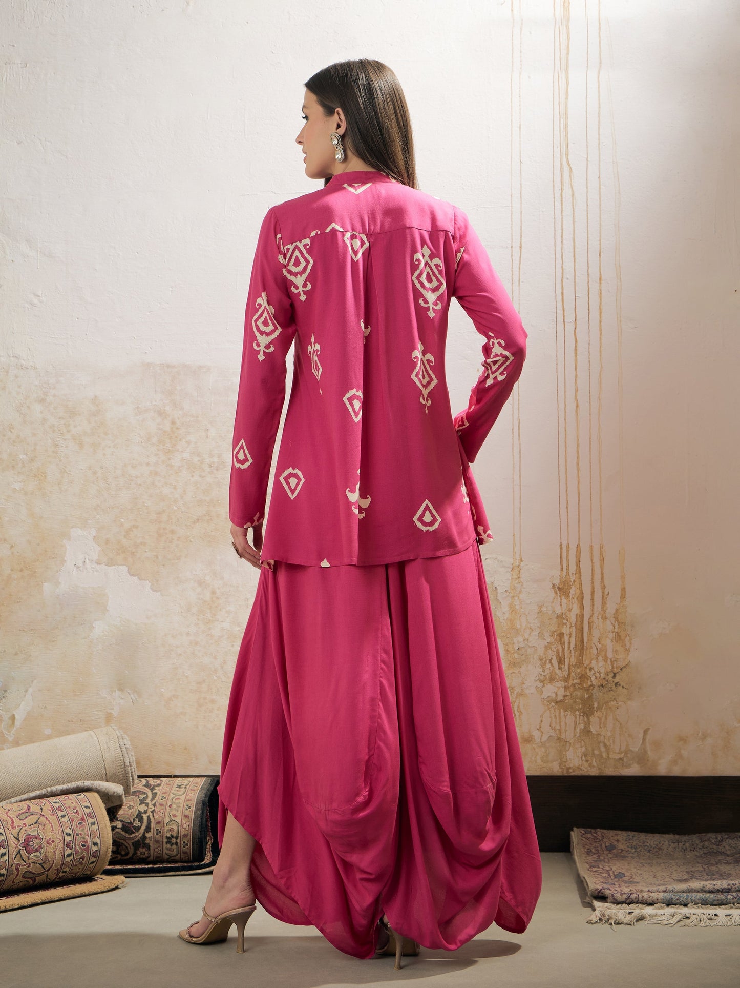 Women Pink Motif Embroidered Rayon Peplum Top With Solid Dhoti Skirt