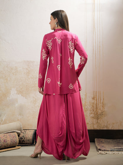 Women Pink Motif Embroidered Rayon Peplum Top With Solid Dhoti Skirt