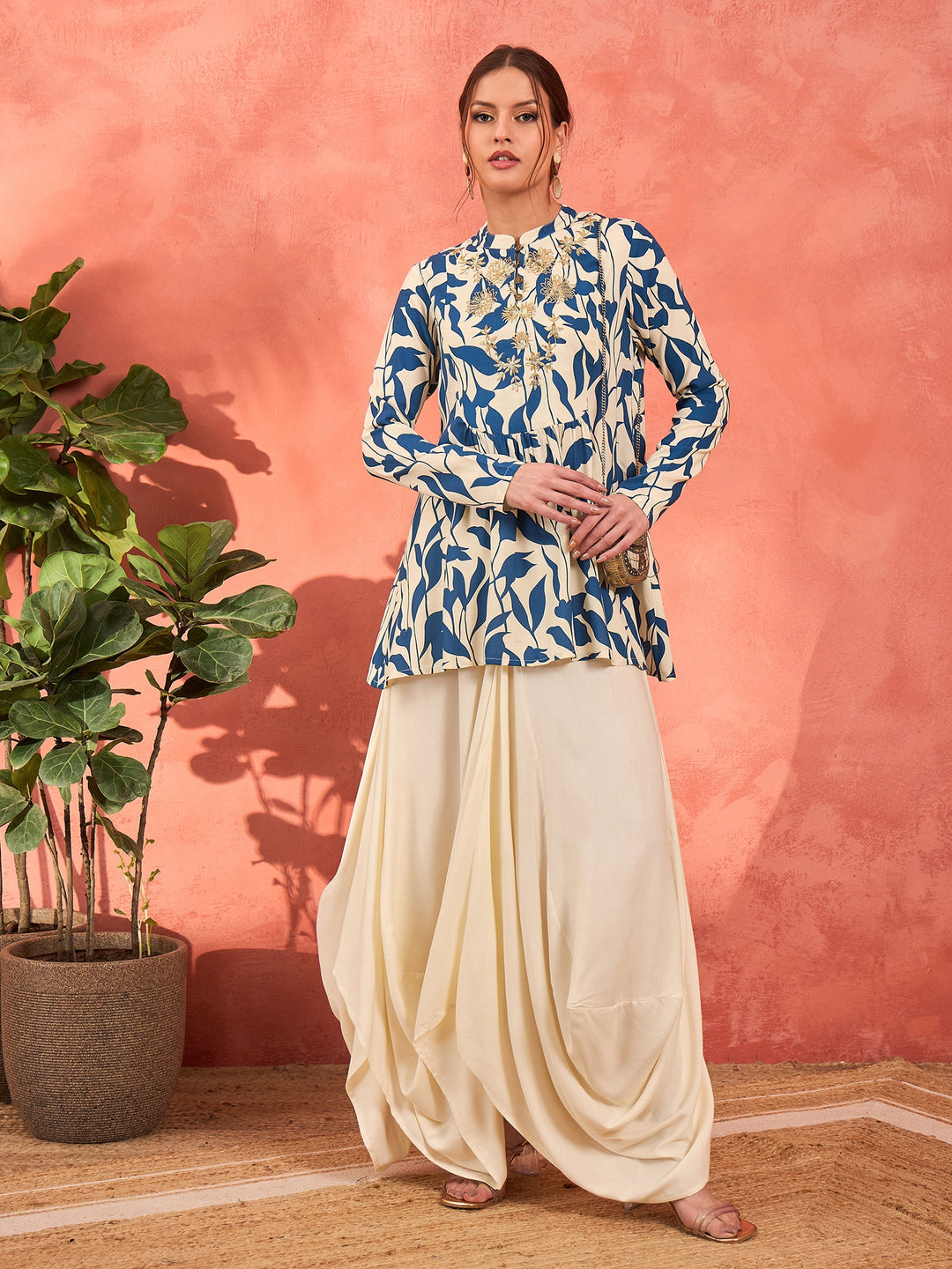 Women Blue Floral Embroidered Rayon Peplum Top With Solid Dhoti Skirt