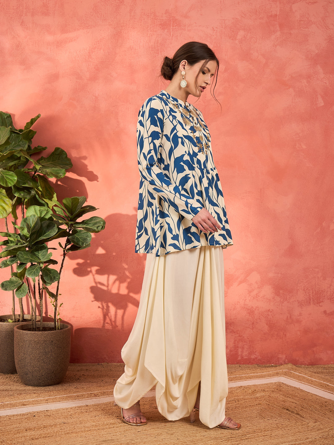 Women Blue Floral Embroidered Rayon Peplum Top With Solid Dhoti Skirt