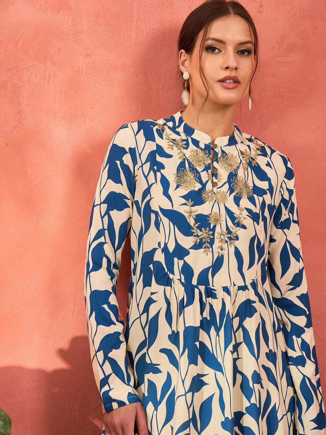 Women Blue Floral Embroidered Rayon Peplum Top With Solid Dhoti Skirt