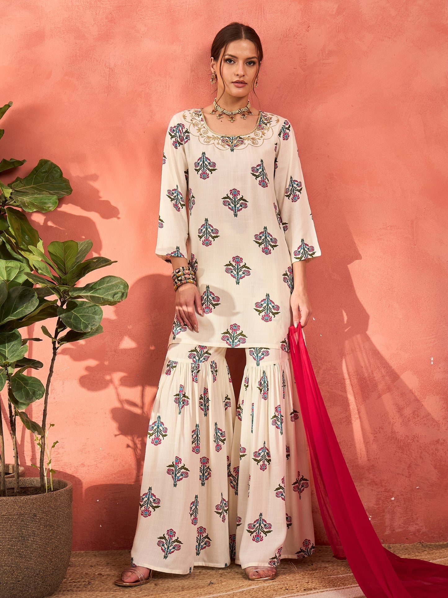 White Floral Embroidered Kurta With Sharara Pants & Dupatta