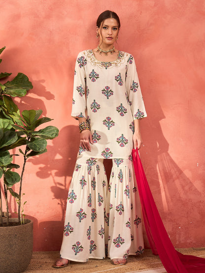 White Floral Embroidered Kurta With Sharara Pants & Dupatta