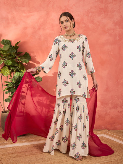 White Floral Embroidered Kurta With Sharara Pants & Dupatta