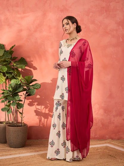 White Floral Embroidered Kurta With Sharara Pants & Dupatta