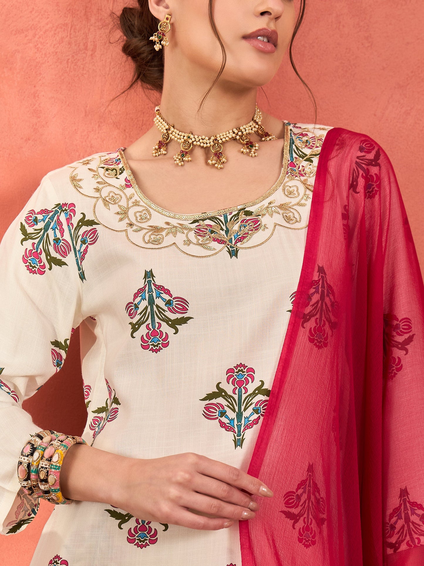 White Floral Embroidered Kurta With Sharara Pants & Dupatta