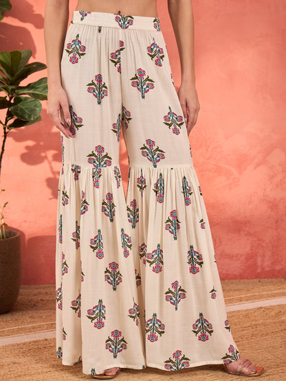 White Floral Embroidered Kurta With Sharara Pants & Dupatta