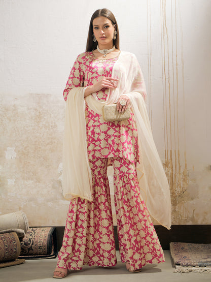 Pink Floral Embroidered Kurta With Sharara Pants & Dupatta