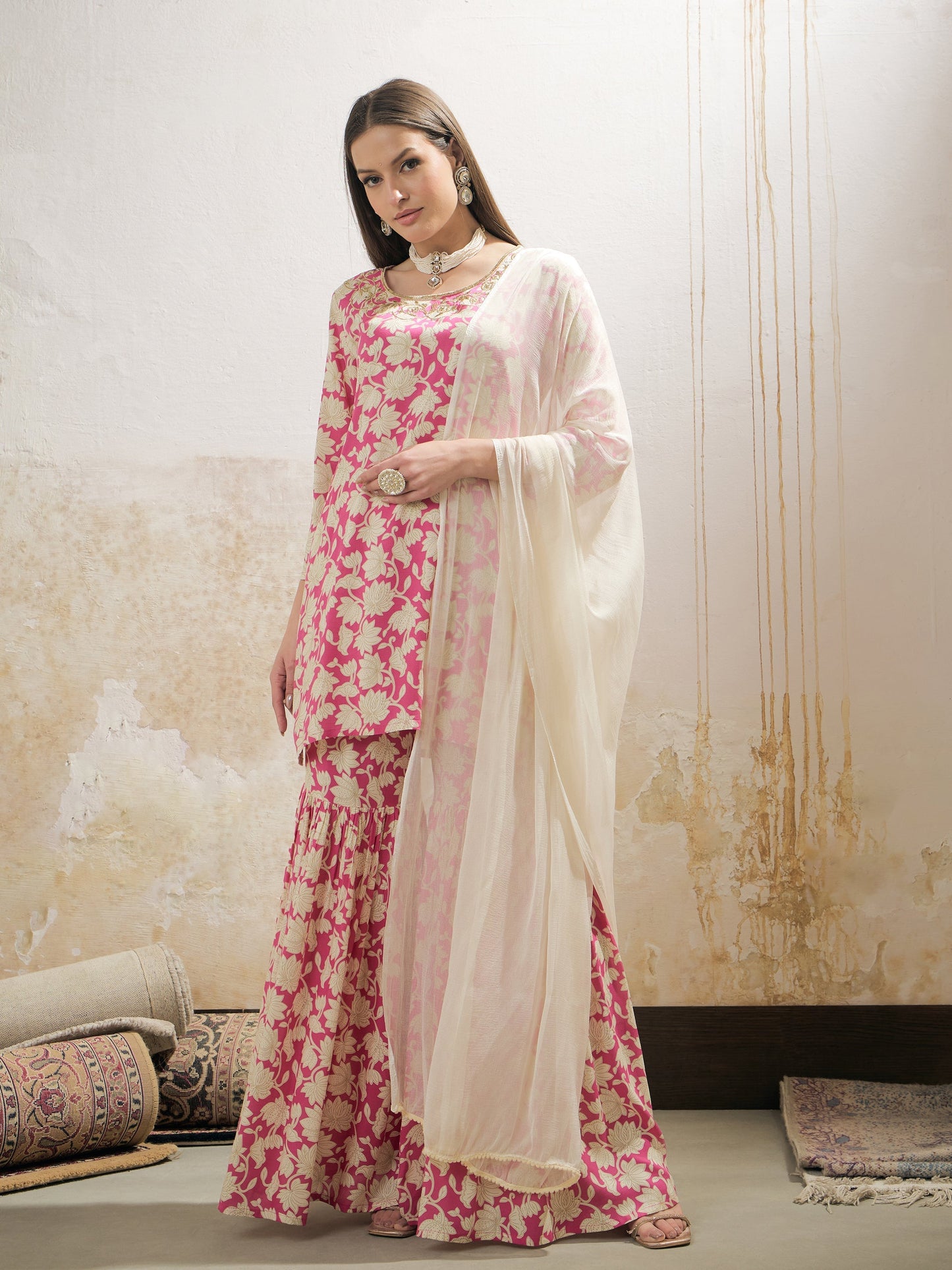 Pink Floral Embroidered Kurta With Sharara Pants & Dupatta