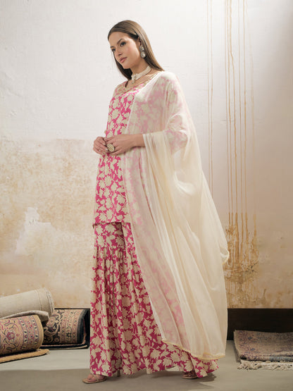 Pink Floral Embroidered Kurta With Sharara Pants & Dupatta