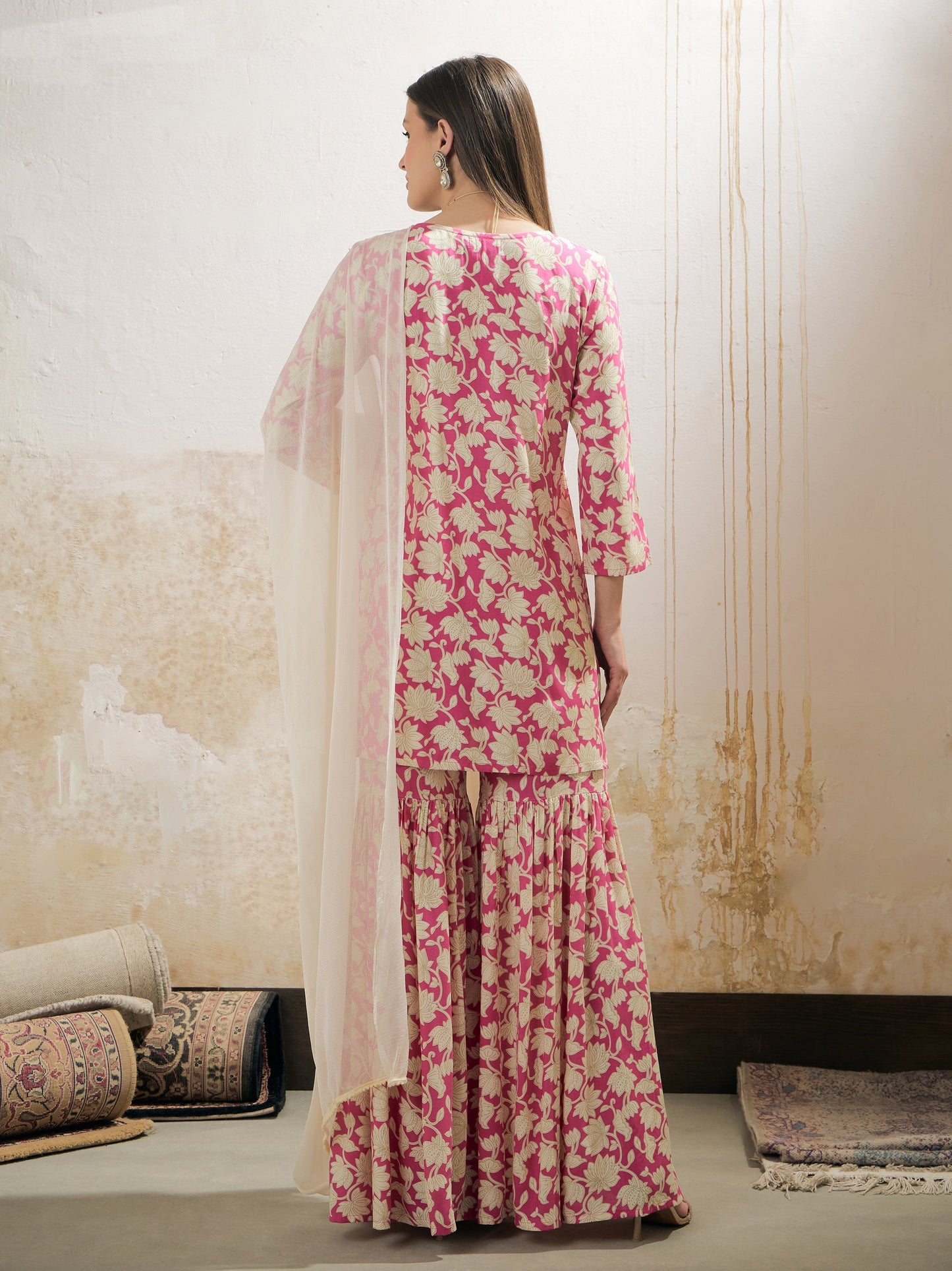 Pink Floral Embroidered Kurta With Sharara Pants & Dupatta