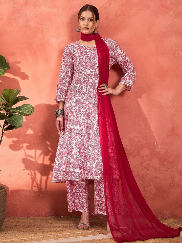 Pink &amp; White Cambric Kurta With Pencil Pants &amp; Dupatta-Shae by SASSAFRAS