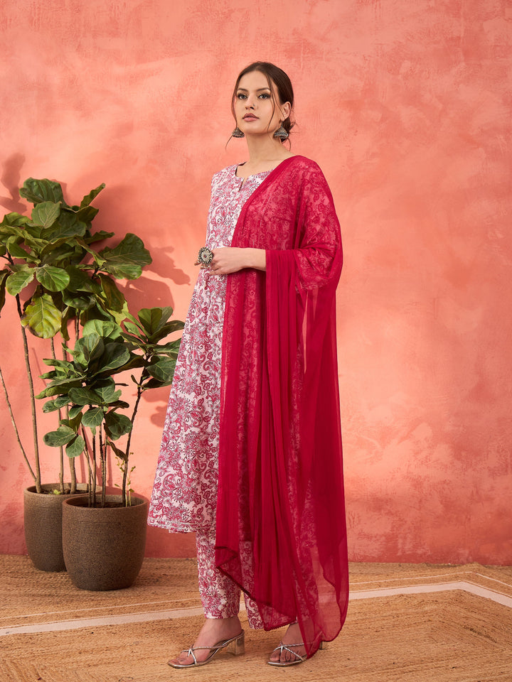 Pink &amp; White Cambric Kurta With Pencil Pants &amp; Dupatta-Shae by SASSAFRAS