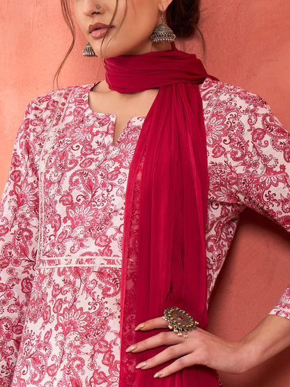Pink & White Cambric Kurta With Pencil Pants & Dupatta-Shae by SASSAFRAS