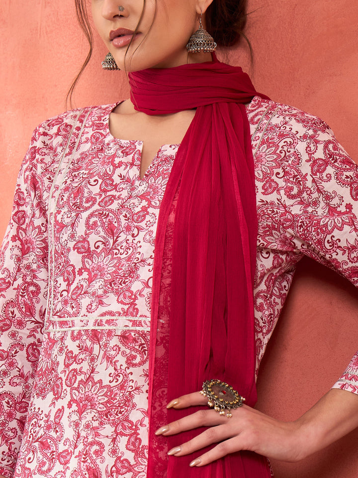 Pink &amp; White Cambric Kurta With Pencil Pants &amp; Dupatta-Shae by SASSAFRAS