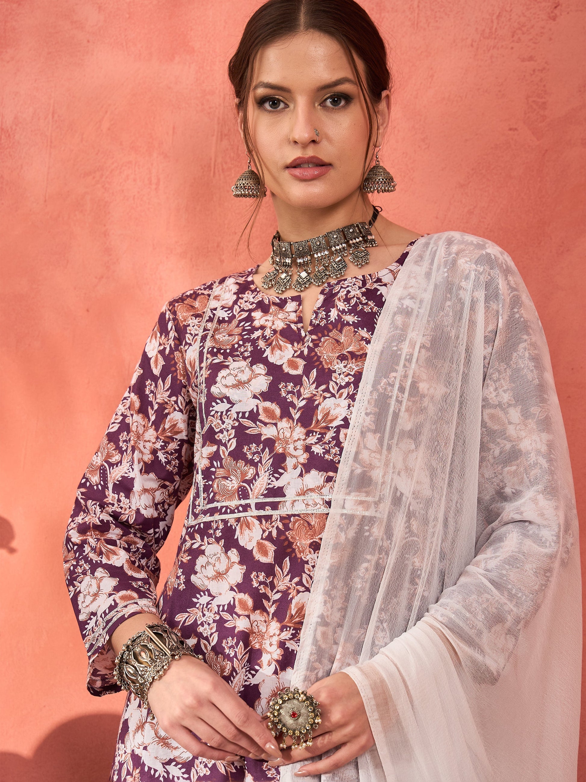 Women's Women Purple Floral Cambric Kurta With Pencil Pants & Dupatta in Cotton by Shae for wholesale, bulk, supplier, manufacturer and wholesaler buyers from Trendphoria