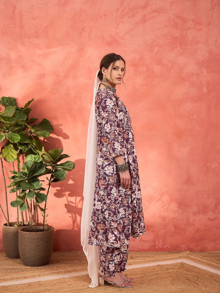 Purple Floral Cambric Kurta With Pencil Pants &amp; Dupatta-Shae by SASSAFRAS