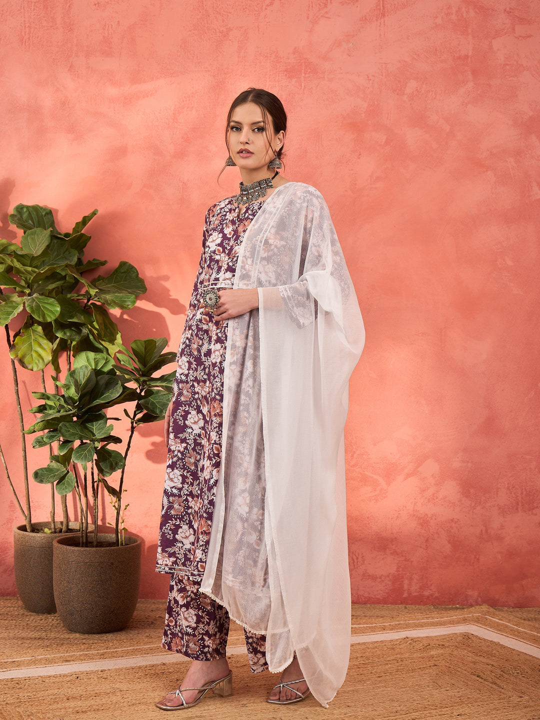 Purple Floral Cambric Kurta With Pencil Pants &amp; Dupatta-Shae by SASSAFRAS