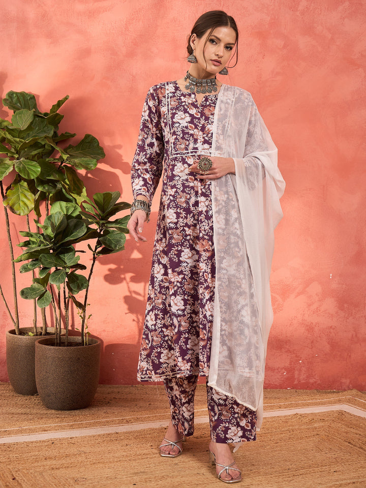 Purple Floral Cambric Kurta With Pencil Pants &amp; Dupatta-Shae by SASSAFRAS
