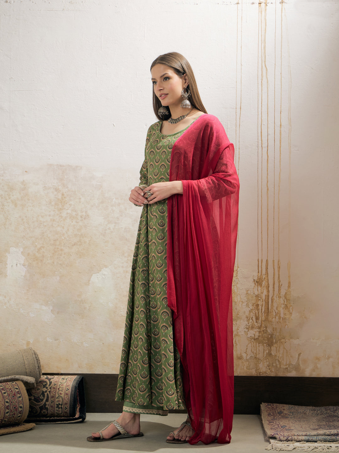 Green Floral Cambric Anarkali Kurta With Pencil Pants &amp; Dupatta-Shae by SASSAFRAS