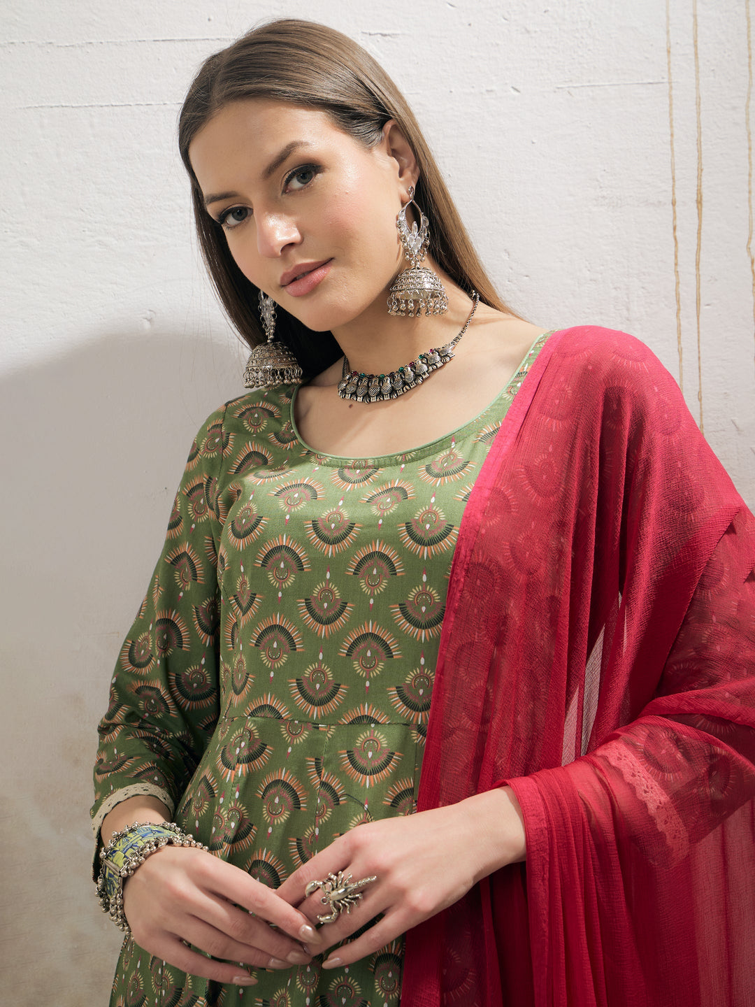 Green Floral Cambric Anarkali Kurta With Pencil Pants &amp; Dupatta-Shae by SASSAFRAS