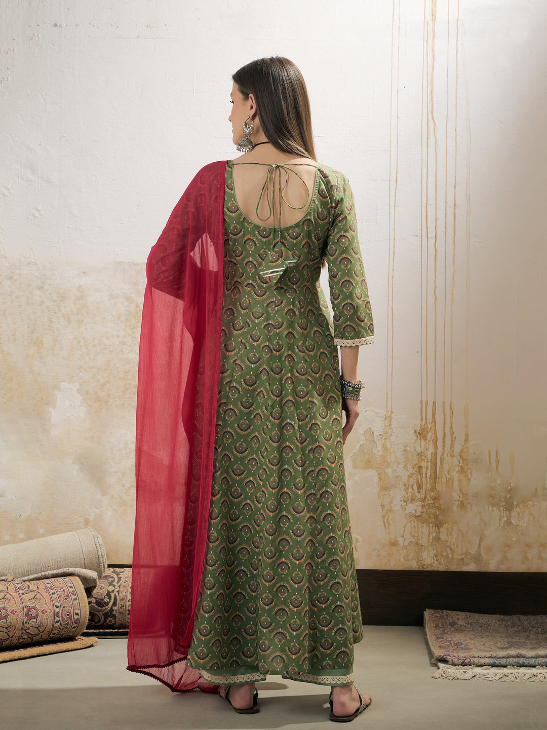 Green Floral Cambric Anarkali Kurta With Pencil Pants &amp; Dupatta-Shae by SASSAFRAS