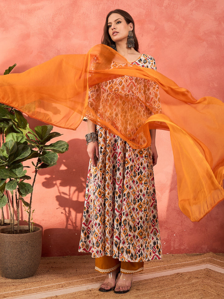 White Ikkat Cambric Anarkali Kurta With Pencil Pants &amp; Dupatta-Shae by SASSAFRAS