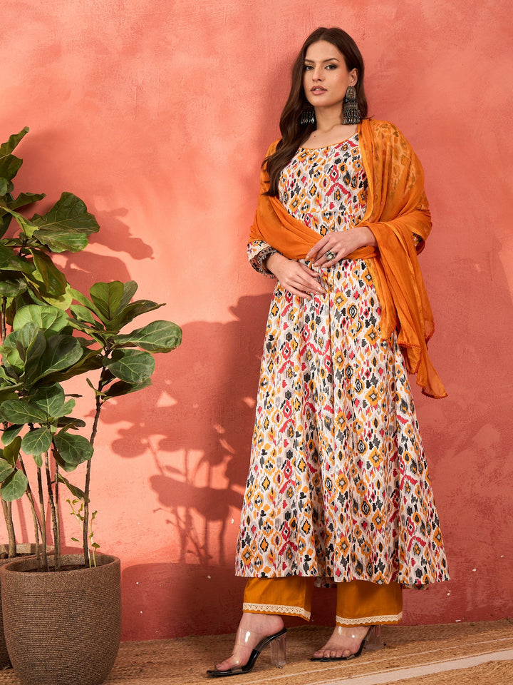 White Ikkat Cambric Anarkali Kurta With Pencil Pants &amp; Dupatta-Shae by SASSAFRAS