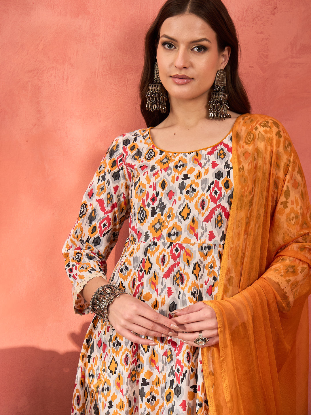 White Ikkat Cambric Anarkali Kurta With Pencil Pants &amp; Dupatta-Shae by SASSAFRAS
