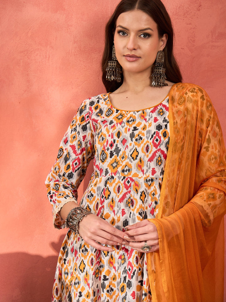 White Ikkat Cambric Anarkali Kurta With Pencil Pants &amp; Dupatta-Shae by SASSAFRAS