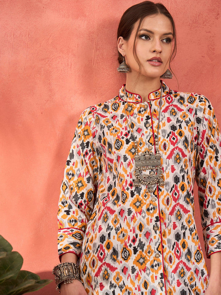 White Ikkat Cambric Front Button Kurta With Pencil Pants -Shae by SASSAFRAS