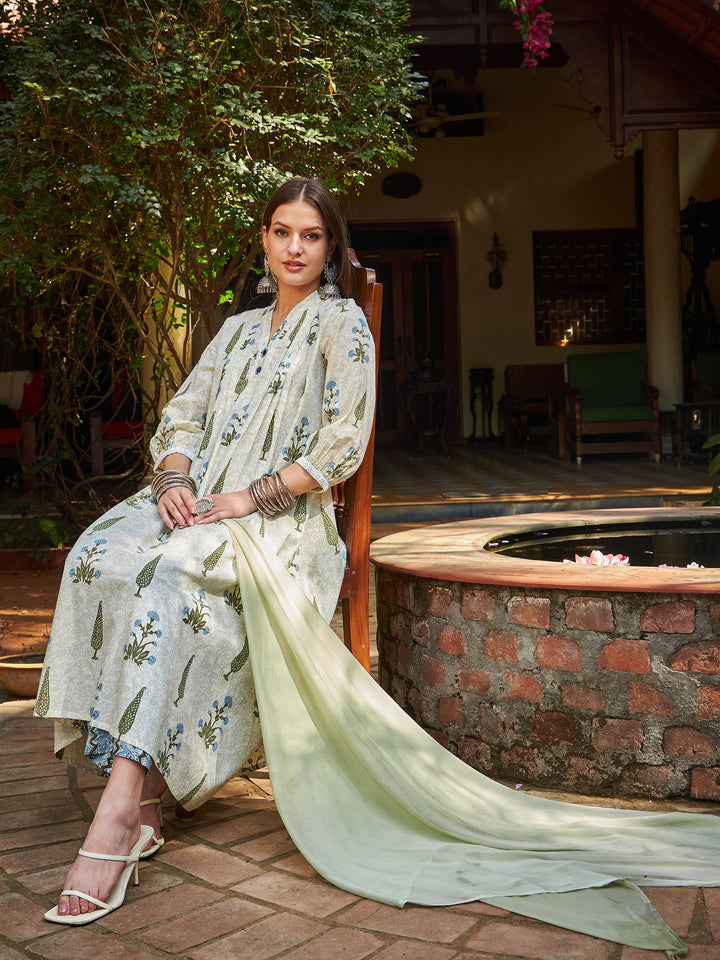 White Floral Cambric Kurta With Pencil Pants &amp; Dupatta-Shae by SASSAFRAS